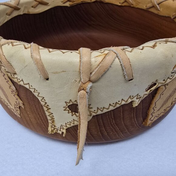 Wood Bowl 12" Leather Overlay Handmade Possibly Native American Round Wooded - Picture 14 of 14